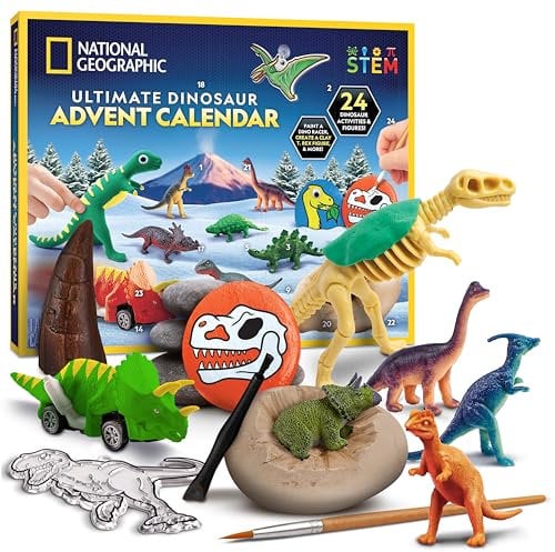 Blue Marble National Geographic Dinosaurier-Adventskalender 2024 – Weihnachts-Countdown-Kalender mit 24 Dino-Aktivitäten und Figuren, 13 Sammelfiguren, Dino-Rennwagen bemalen, Ton-T-Rex modellieren