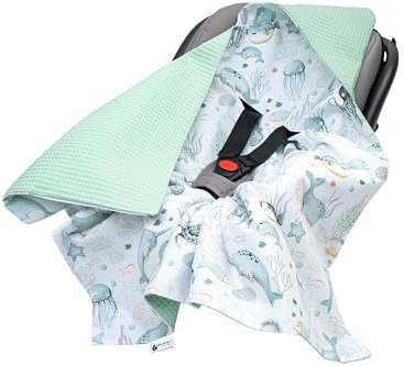 Medi Partners Einschlagdecke Baby Babyschale 100% Baumwolle für Sommer 85x85cm Kinderwagen Kuscheldecke universal Baby Decke Einschlagdecken Babydecke Buggy Autositz (Ozean mit Minzer Waffel)