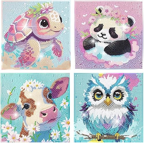 Aapxi 4er pack diamond painting kinder Diamond Painting Tiere Schildkröte Panda Kuh Eule - Diamond Painting Klein bilder - Basteln Mädchen ab 6 Jahre- Geschenk Mädchen Junge Bastelset Kinder (Lila)