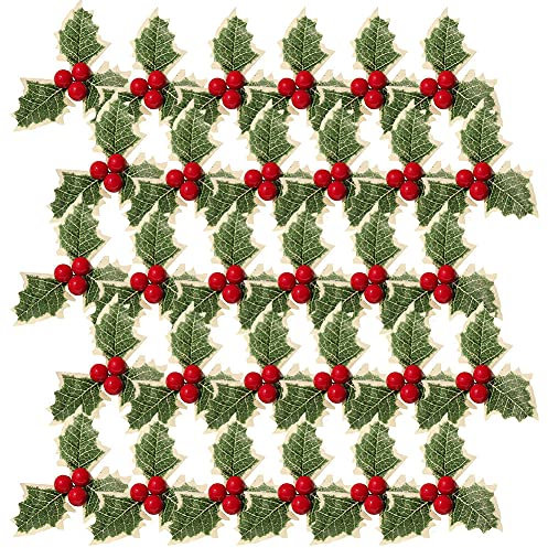 Bacche di agrifoglio artificiali natalizie con foglie verdi, decorazione fai da te per ghirlande di Natale, 30 pezzi