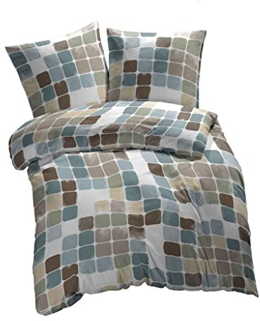 etérea Microfaser Bettwäsche 155x220 2er Set - Ganzjahres Bettbezug - Punkte Karos Set mit Kissen 155x220cm + 80x80 cm Kissen - Beige