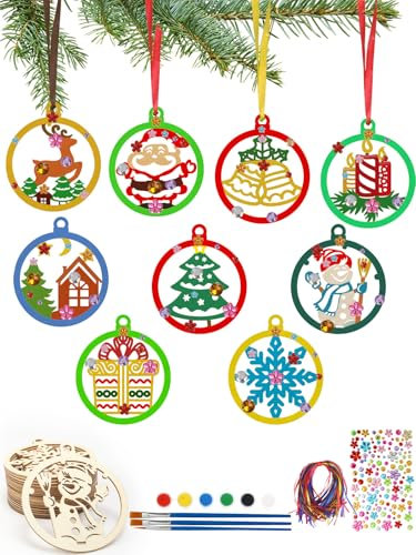 LOPOTIN 46TLG Holzanhänger Weihnachten Zum Bemalen Schneeflocke Baumschmuck Weihnachten Basteln Kinder Weihnachtsanhänger Holz Christbaumschmuck Weihnachtsmann Glöckchen Schneemann für DIY Handwerk