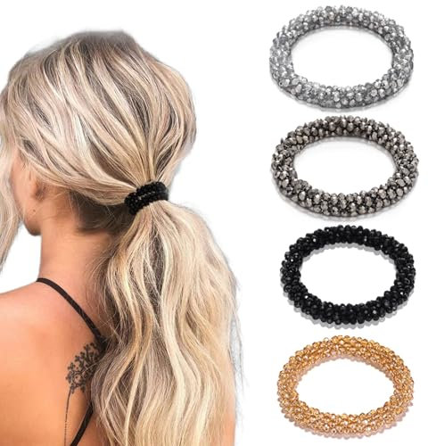 FloralGrace 4 Stück Strass Haargummis, Hoher Pferdeschwanzhalter, Dekorative Glitzer Elastische Haarschmuck, Stretchy Perlen Haargummis, Funkelnde Haaraccessoires