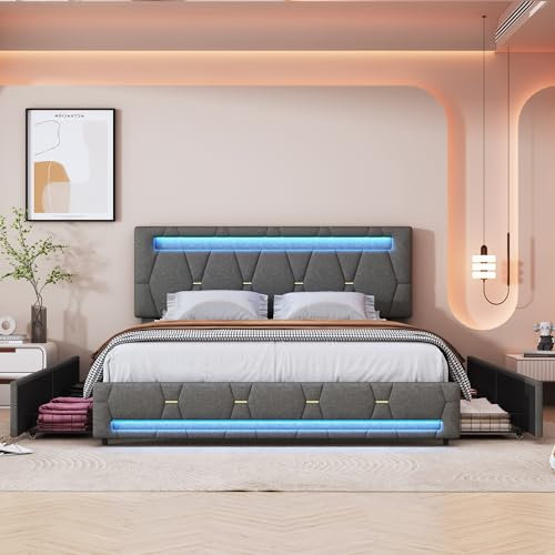 BHFFTHK Polsterbett 160x200 mit LED Beleuchtung,Doppelbett mit 4 Stauraum Schubladen und höhenverstellbares Kopfteil,Stauraumbett Jugendbett Bettgestell mit Lattenrost aus Holz, Leinen, Grau