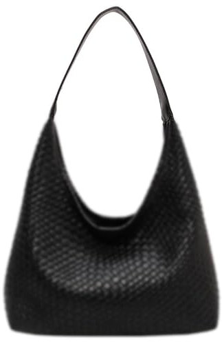 JABALUX Geflochtene Tasche Shopper PU Beuteltasche Tote Schultertasche Gewebte Handtasche Einkaufstasche Tote Bag Tragetasche für Schule Täglich (schwarz)