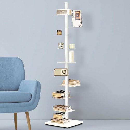 Bücherturm Freistehend mit 9 Etagen | Vertikaler Metall Bodenstehendes Bücherregal | Hohe Offene Bücher Regale 360 Grad Drehbar | Ecke Bücherregale für Kleinen Raum, Wohnzimmer, Schlafzimmer, Büro