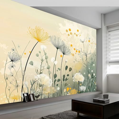 Vlies Fototapete 400 x 280 cm (B x H) Wohnzimmer Moderne Vliestapete Gelb 3d Effekt Wand Dekoration Abstrakt Wildblumen Löwenzahn-Wildblumen Motivtapeten Wandtapete Wohnzimmer