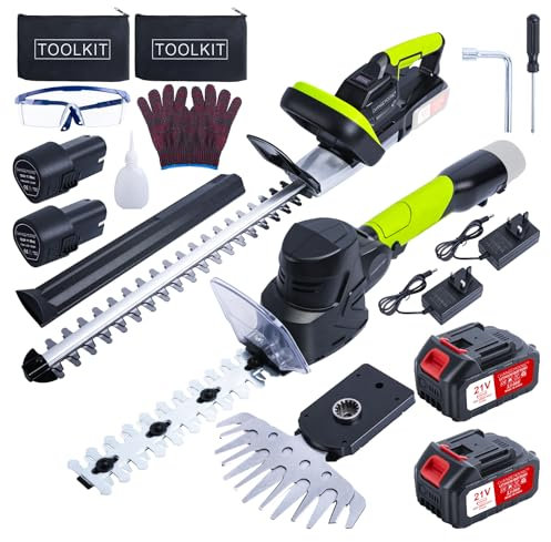 CHANGEMOORE 21V Cordless Hedge Trimmer Kit 4 Batteries Included, 48CM 65MN Steel Blade, 400W Brushless Motor, 3-in-1 from Grass Cutting and Hedge, 21cm Long Shrub Shear and 16cm Wide Grass Shear A