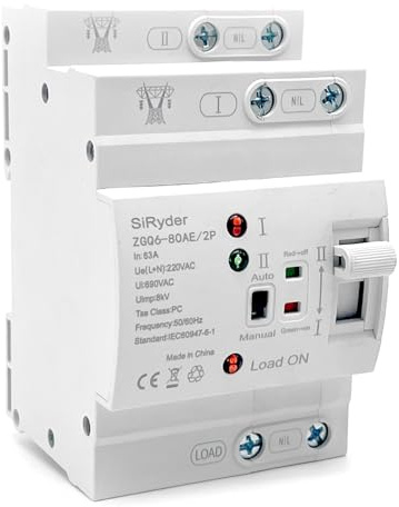 SiRyder Interruptor de Transferencia AutomáTico,ATS 2P 63A Din Riel Dual Power Automatic Change-over Switch Selector EléCtrico 220V Interruptor De Corriente De Emergencia