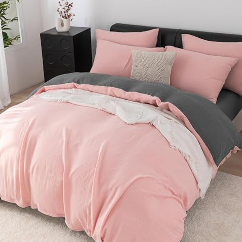 YASMENG Doppelte Muslin Bettwäsche 155x220 Rosa Grau 100% Baumwolle Bettwäsche Muslin Weich Atmungsaktiv Kuschelige Bettbezug Set 3 Teilig mit Reißverschluss und 2 Kissenbezüge 80x80 cm
