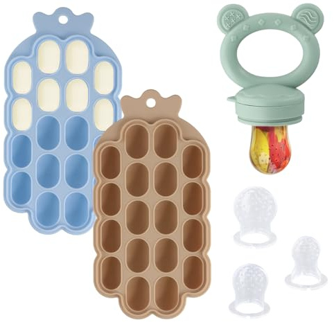2er-Pack Babybrei Einfrieren Behälter mit Deckeln, 3 Silikon Fruchtsauger Baby, 3 Größen Sauger, Food Feeder, für Babynahrung Aufbewahrung, Eiswürfel für Babyzahnen und Selbstfütterung