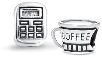 Set of Two Latte Travel Mug Cup Coffee & Bookkeeper Accountant Math Student Calculator Charm Bead For Women For Teen .925 Sterling Silver Fits European Bracelet