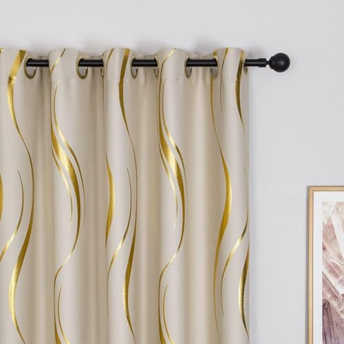 MYRU 1 Paar luxuriöse Verdunkelungsvorhänge mit Wellenmuster und Goldfolien-Design, Thermo-isolierte Fenstervorhänge (beige und goldfarben, 2 Paneele 137 x 244 cm)
