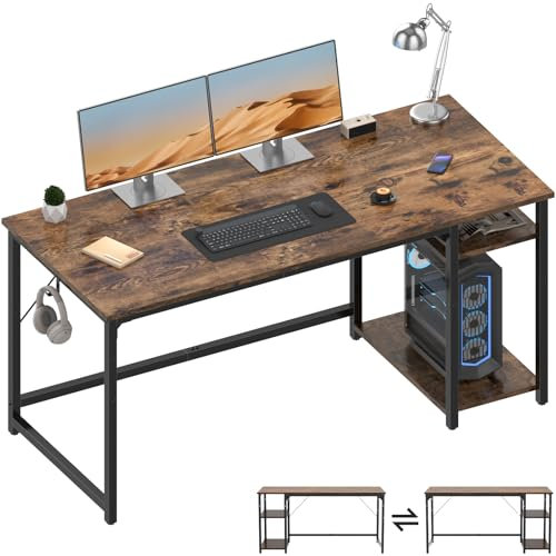 Airfish Scrivania per Computer 140x50cm, Scrittoio con 2 Ripiani a Sinistra o Destra, Tavolo da Lavoro, per Ufficio Soggiorno, Struttura in Acciaio, Maarrone Vintage