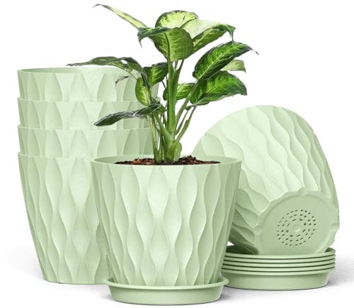 Homeuouz 12.5CM 6 Pack Plastic Plant Pots, 5 Inch Flower Pots Indoor with Drainage Holes Saucer for All House Plants(Light Green)