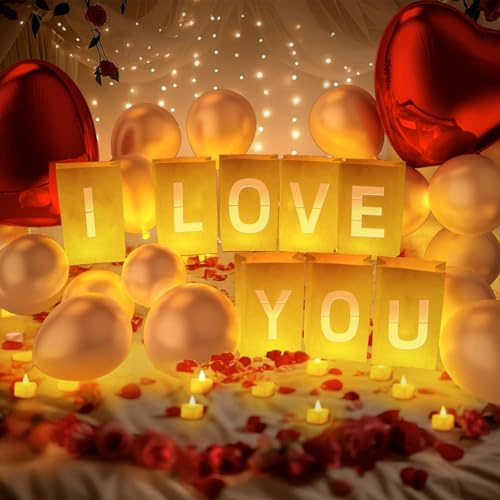 Leuchtende Buchstaben I Love You, mit Teelichtern, Rosenblättern, Perlglanz-Folienballons – Leuchten-Papiertüten, Jubiläumsdekorationen und Valentinstagsdekorationen für Ihre Liebsten