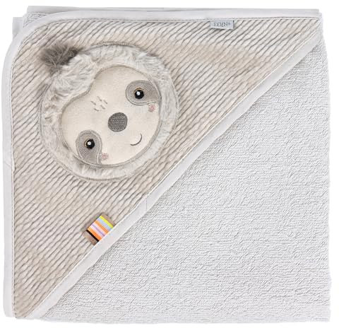 Fehn Kapuzenbadetuch Faultier – Bade-Poncho aus Frottee mit Kapuze und niedlichem Faultier Motiv – saugstark & kuschelweich – für Babys und Kleinkinder ab 0+ Monaten