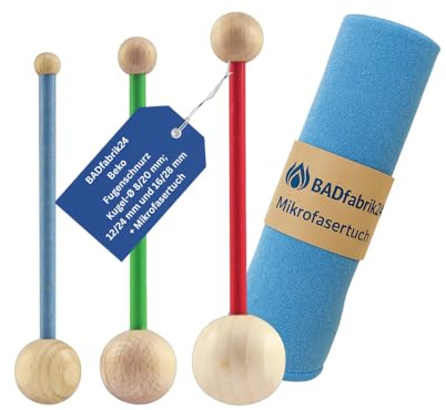 BADfabrik24 Fugenschnurz Set – Kugel-Ø 8/20, 12/24, 16/28 mm + Mikrofasertuch – Präzises Sanitärwerkzeug für Silikonfugen, saubere Kanten, einfache Handhabung, 6 Profilkugeln, ideal für Bad & Küche