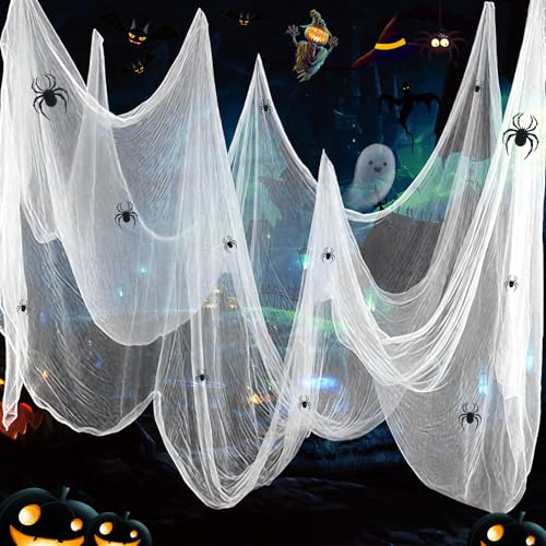 Wzone Halloween Deko weißer Tüll 215x600cm mit 12 Spinnen Deko, weißes Tuch Gruselige Stoffe für Haunted House, Garten, Bäume, Halloween Party Dekoration