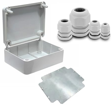 ARLI Abzweigdose IP67 250x200x90 mm Aufputz Grau inkl. Montageplatte + 40x Kabelverschraubung M12 M16 M20 M25 Set ohne Vorprägung halogenfrei inkl. Deckel mit Dichtung & Gegenmuttern