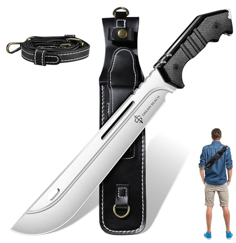 Dream Reach Großes Outdoor Messer, Machete Full Tang mit Rückentrag Scheide | D2 Stahl, Feststehend, Rückentrag-Scheide, Robust, für Camping, Wandern & Garten, Geschenk für Männer Papa