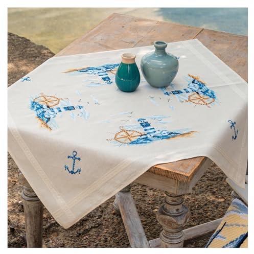 Vervaco Kreuzstich Stickpackungen Tischdecke MARINE Stickdecken Vorgezeichnet Basteln Erwachsene Kreativ Set Vorgedruckte Decke Sticken ca. 80 x 80 cm Stickset DIY Sticken Set