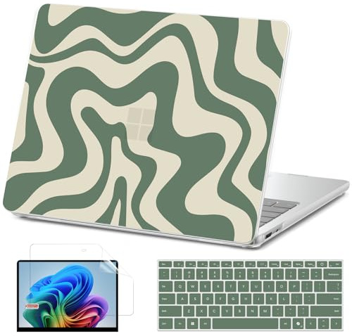 AKIT Compatible with Microsoft Surface Laptop 13 inch 2025 Case, Unique Pattern Hard Shell Laptop Case+Screen Protector+Keyboard Cover, Green Wave