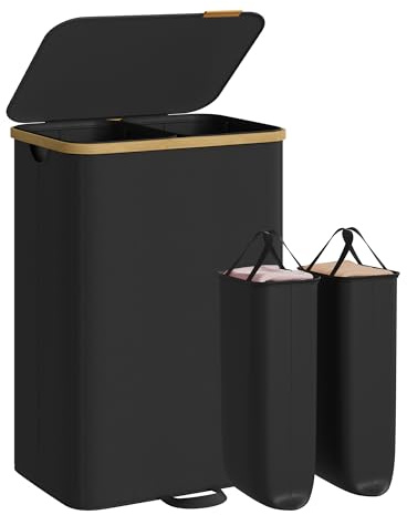 SONGMICS Laundry Basket with Lid, Washing Basket, 39.6 Gal. (150 L) | Removable Liners, Bamboo Frame, for Bedroom, Ink Black LCB532BH01
