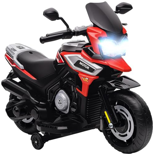 AIYAPLAY Elektro Motorrad Kinder 6V mit 2 Hilfsrädern Soft-Start Rot | Elektromotorrad, Kindermotorrad, Beleuchtung, Musik, bis zu 2,4 km/h, für Kinder von 1,5-3 Jahren