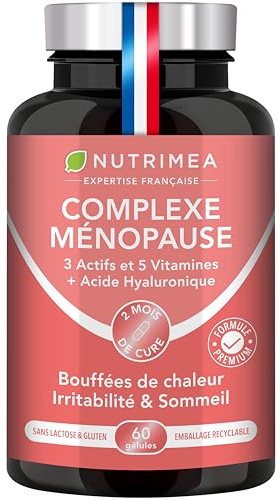 Complexe Menopause | Cimicifuga, Melisse, Safran & Acide Hyaluronique | 5 Vitamines | Anti Bouffées de Chaleur & Sueurs Nocturnes | Bien-Être Féminin | Sans Hormones | 60 Gélules Vegan | Nutrimea
