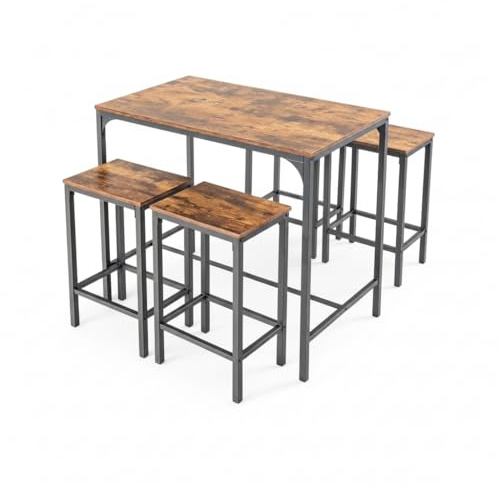 Tavolo Bar con 4 Sgabelli, Set Tavolo Alto Cucina 5 Pezzi, Tavolo da Bar 100 × 60 × 90 cm, Sgabelli 30 × 40 × 65 cm, Struttura in Metallo e MDF, Stile Industriale Vintage(Vinatura del legno vintage)
