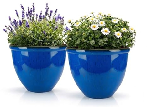 TRG 30cm Ceramic Look Plant Pot Set Of 2 – Large Glazed Indoor & Outdoor Planters, Modern Round Flower Pots for Patio, Balcony, Garden & Home Décor, Weather Resistant Decorative Planter - (Dark Blue)