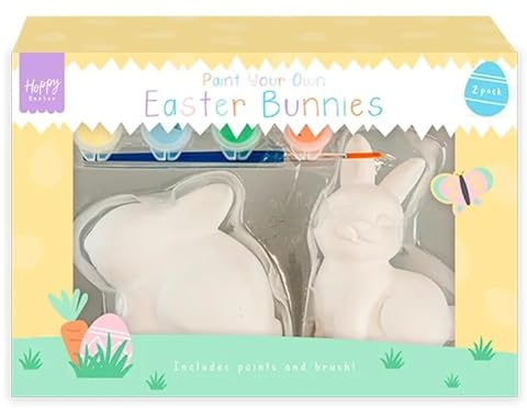 Paint Your Own Easter Bunnies Craft Kit, 2 Plaster Figurines with Paints and Brush, Spring Activity Set for Kids