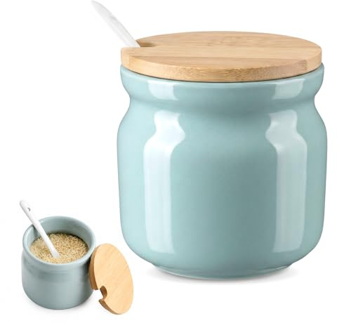 Merzio Ceramic Sugar Bowl, 300ml Seasoning Storage Jar Farmhouse Sugar Pot Salt Container with Lid and Spoon for Coffee Bar and Home Kitchen (Green)