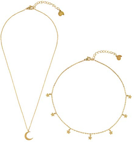 Happiness Boutique Damen Mond und Stern Schmuckset in Goldfarbe 2-TLG. | Zarte Kette mit Halbmond Anhänger und Choker Kette