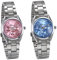 JewelryWe 2pcs Damen Uhren Elegant Analog Quarz Business Casual Armbanduhr mit Silber Ton Edelstahl Armband, Pink Blau