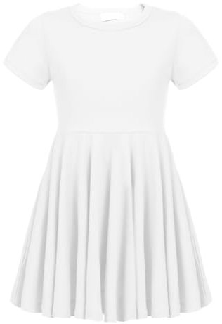 trudge Girls Summer Swing Dress A-line Short-Sleeved Cotton Solid Color Princess T-Shirt Dresses Basic Fattern Skater Dress 11-12 Years White