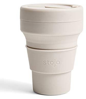 STOJO On-The-Go Collapsible Coffee Cup - 12oz / 355ml - Reusable & Foldable Silicone Travel Mug with Lid - Portable, Pocket Size - Dishwasher Safe - Oat
