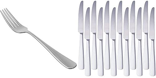 Amazon Basics Tenedores de mesa de acero inoxidable, con punta redonda, juego de 12 + – Cuchillos de mesa de acero inoxidable con borde cuadrado, juego de 12