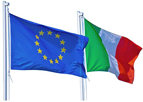 Set 2 Bandiere Italia-Europa cm 100x150 Tessuto Nautico 130gr. mq. o Lana 230gr.mq.
