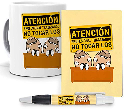mundohuevo Pack Original y Personalizado para Regalo, con Expresiones y Frases graciosas. Profesional Trabajando, no Tocar los Huevos. Libreta, boligrafo y Taza Maxima Calidad.