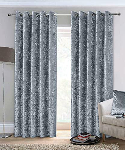 QM-Bedding® Designer CRUSHED Velvet Curtains Eyelet Top Fully Lined Curtain Pairs Grey/Silver, 46 x 54 (117cm x 137cm)