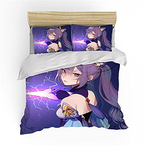 NICHIYOBI Genshin Impact Keqing Bettbezug Bettwäsche Set - Bettbezug und Kissenbezug,Mikrofaser,3D Digital Print dreiteiliger Bettwäsche (26,Single 135x200cm+80 * 80cm)