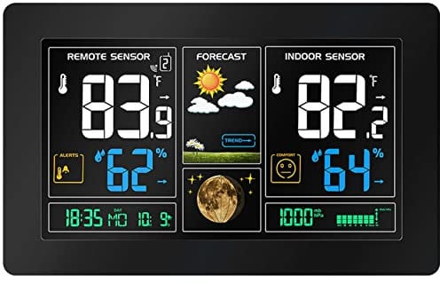 Funkwetterstation | Farbdisplay | 2 Alarme | Wettervohersage mit Kalender | Anzeige der Innen- und Außentemperatur | Luftfeuchtigkeit | Hygrometer | Digitales Thermometer | Wetterstation | Wecker |