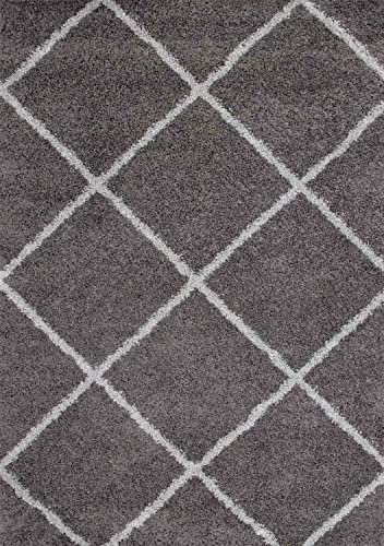 Hochflor Teppich Wohnzimmer Shaggy weich modern Rauten Muster Grau Anthrazit Creme Schwarz Rot Lila Beige, Farbe:Anthrazit/Grau, Maße:120x170 cm