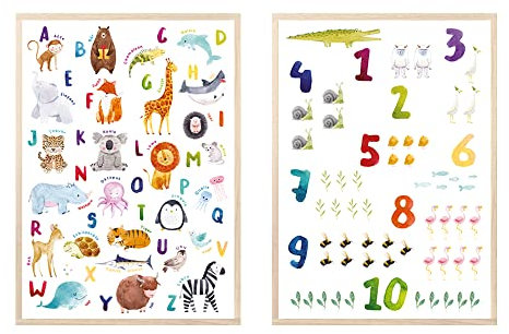 MeinBaby123® Bilder Kinderzimmer | 2er Set A4 Poster Set | Alphabet ABC Lernposter Zahlen mit Tiere | Deko Kinderzimmer Babyzimmer | Wandposter Premium (Alphabet & Zahlen - Set 1)