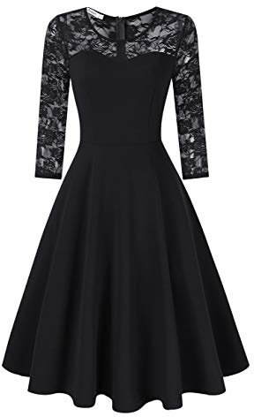 KOJOOIN Women's Floral Lace Dress Round Neck Cocktail Party Dress Vintage Swing Dress Black-01 Long Sleeve M