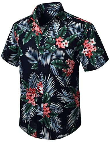 HISDERN Hommes Funky Hawaïenne Floral Feuille Chemises A Manches Courtes Poche Avant Vacances Ete Aloha Imprime Plage Casual Marine Bleu Rose Hawaii Fleur Chemise 3XL