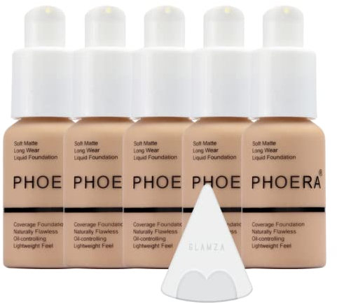 Glamza Phoera Foundation Full Coverage Makeup Set - 24hr Long Lasting Oil Control - Soft Smooth Matte Flawless Concealer Cream - Inc x5 30ml Foundation & Silicone Blender Sponge (104 Buff Beige)