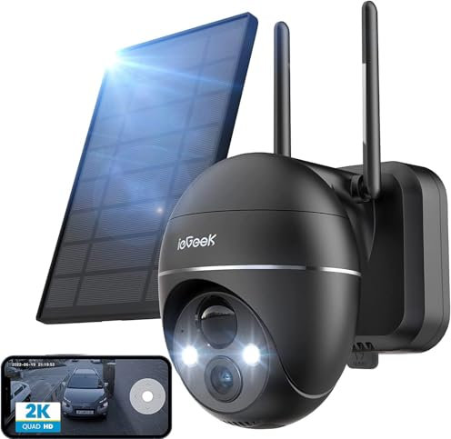 ieGeek 2K Camera Surveillance WiFi Exterieure sans Fil, Camera Solaire avec Batterie, Pan 355°/Tilt 120°, Détection Humaine PIR, Alarme Auditive, Vision Nocturne Couleur, Audio Bidirectionnel